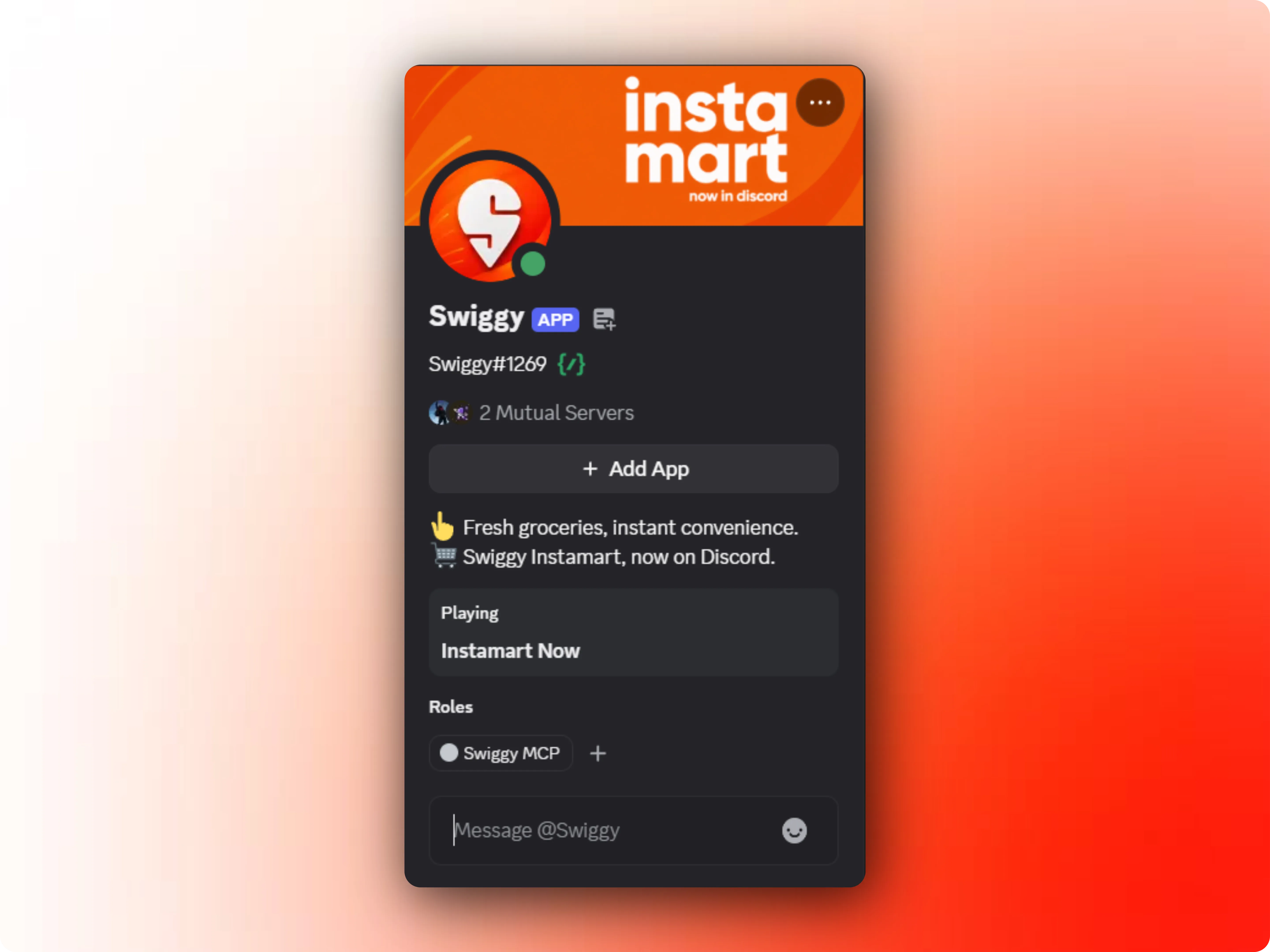 The Swiggy bot running inside a Discord server - a chat showing logged-in Swiggy orders
